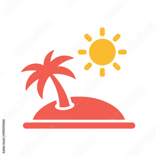 Tropical Island Vector Icon with Palm Tree and Sun in Flat Summer Style