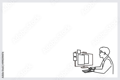 コピースペースのある会議前にパソコンで準備する男性（通常運転)（線画）