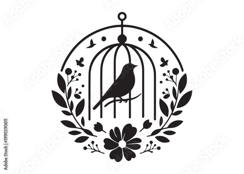 bird in a cage logo design silhouette vectors illustration, bird in a cage silhouette vector logo, silhouette birdcage vector logo, vintage black birdcage logo silhouettes vector on a white background