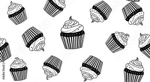 Seamless pattern of hand-drawn cupcake illustrations with frosting and sprinkles for bakery branding and sweet dessert themed backgrounds