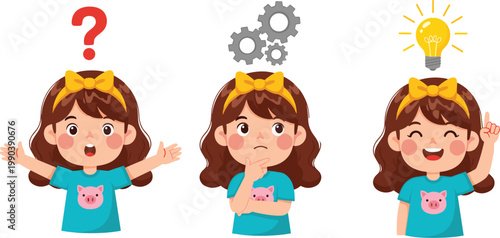 Cute girl thinking confused and having idea with light bulb, problem solving and creativity concept cartoon illustration set