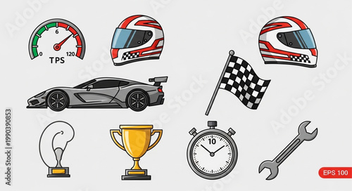 Racing car and equipment set for competition and victory.