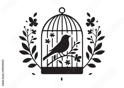 bird in a cage logo design silhouette vectors illustration, bird in a cage silhouette vector logo, silhouette birdcage vector logo, vintage black birdcage logo silhouettes vector on a white background