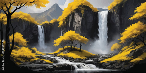 A beautiful waterfall flows over natural rocks in a green forest landscape within the autumn mountains during a serene morning