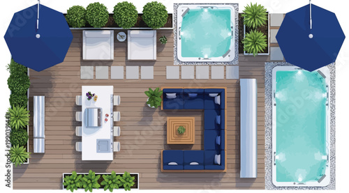 Top view of a luxury outdoor patio with pool and hot tub