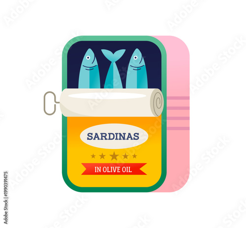 Colorful canned sardines. Open tin can illustration