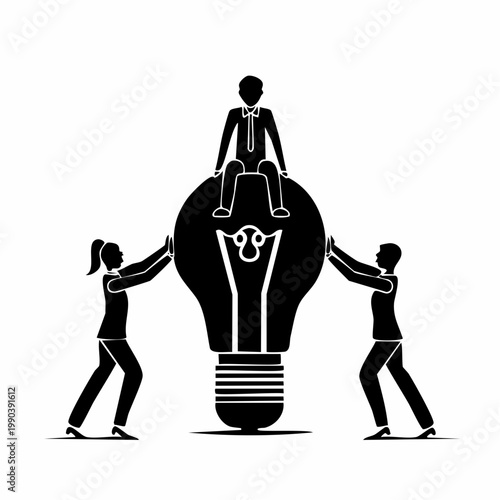 Teamwork and Idea: A black and white illustration depicts a team collaboratively working to bring a new idea to life, symbolizing collaboration and innovation. 