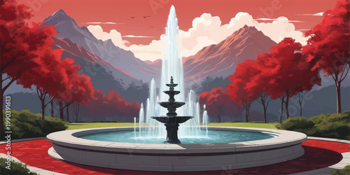 A beautiful sunset view of a city park fountain surrounded by historic architecture and famous landmarks