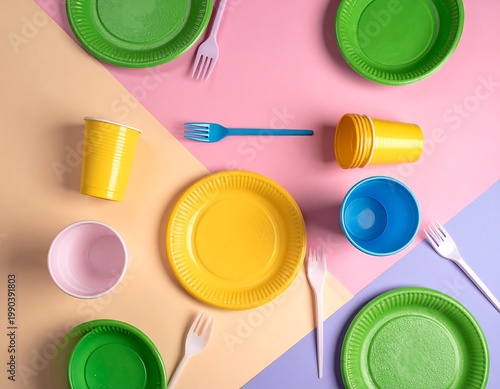 Colorful plastic picnicware arranged on a pastel geometric background