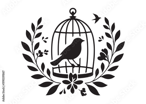 bird in a cage logo design silhouette vectors illustration, bird in a cage silhouette vector logo, silhouette birdcage vector logo, vintage black birdcage logo silhouettes vector on a white background