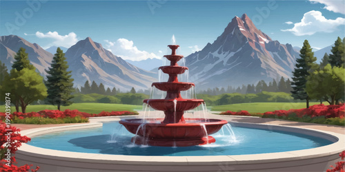 A grand fountain centers a peaceful city park framed by an expansive alpine landscape featuring rocky peaks, forest trees, and distant snowy mountains under a bright summer sky