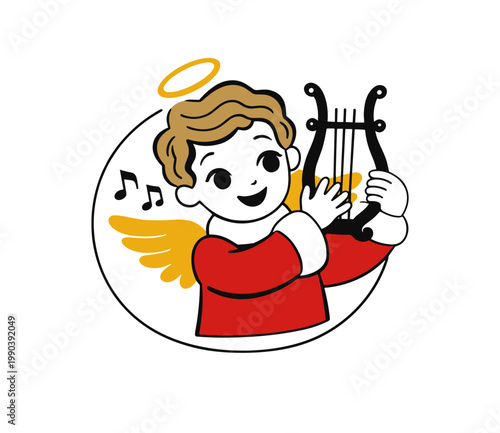 Smiling angel harp player icon. Cute festive illustration isolated on white. Front facing winged child with halo performing on a harp inside a circular badge. Suitable for Christmas design.