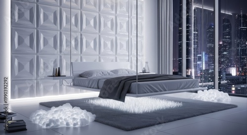 Futuristic Luxury Bedroom with Levitating Bed, 3D Geometric Wall Panel and City Skyline View at Night
