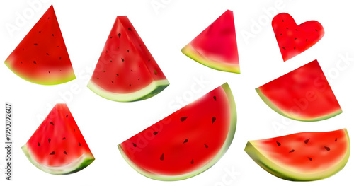 Watermelon slices displaying vivid red pulp, black seeds, and green rinds, with various cut shapes including a heart and triangles, ideal for summer fruit concepts