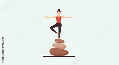 Woman balances in yoga pose on stacked stones for wellness concept