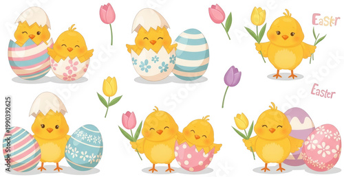 Cute Chick png Easter Egg cutout Hatching Chicken png Spring Flower cutout Cartoon Chicklet png Pastel Easter cutout Baby Bird png Isolated Element cutout isolated transparent background image