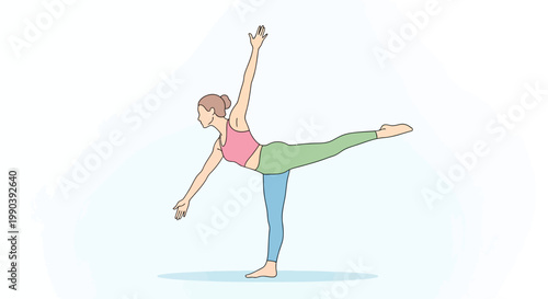 Woman balances in yoga pose against white background copy space vector art