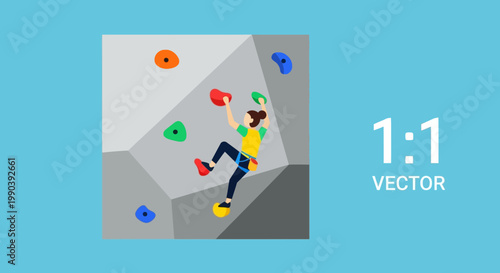 Woman climbing a colorful rock wall in a flat vector illustration