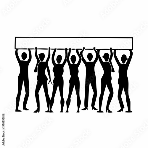 Unity Silhouette: A unified group of figures collectively raises a rectangular banner, signifying a potent message of solidarity and collective action.