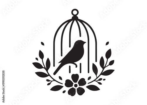 bird in a cage logo design silhouette vectors illustration, bird in a cage silhouette vector logo, silhouette birdcage vector logo, vintage black birdcage logo silhouettes vector on a white background