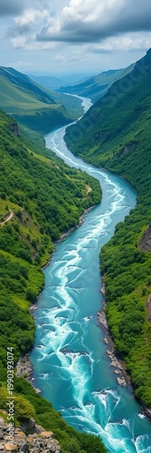 A winding river through a vibrant green valley, showing the flow of water and surrounding life,  natural,  life