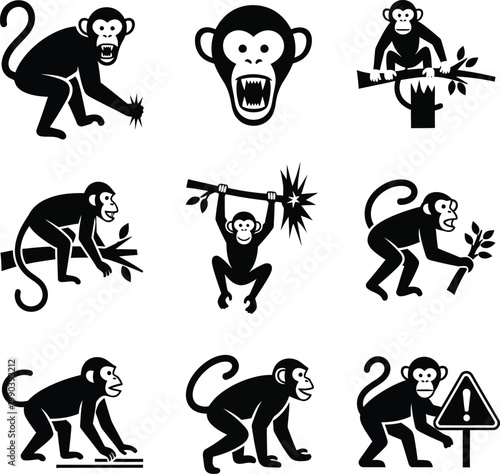 Black silhouettes of monkeys in various poses and actions primates animals warning sign