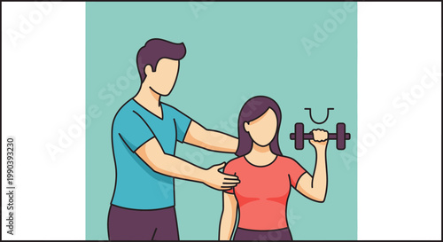 Woman lifting dumbbell with instructor guidance vector illustration