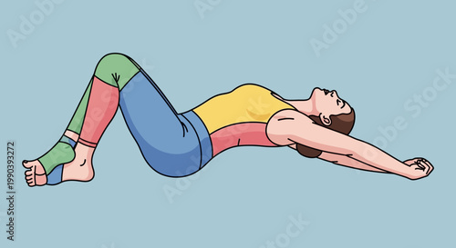 Woman lying down in relaxed position arms extended colorful clothing