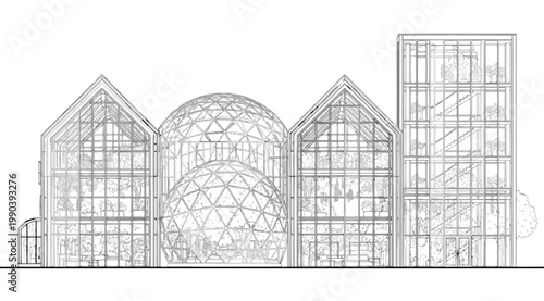 Architectural elevation drawing of a modern greenhouse building with glass domes