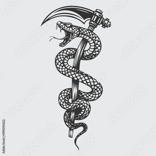 Snake and grim reaper weapon tattoo art