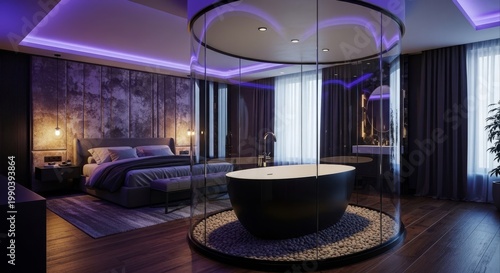 Luxury Modern Open-Plan Bedroom Suite with Central Glass Bathtub Enclosure, Black Freestanding Tub, and Smart LED Ceiling Lighting