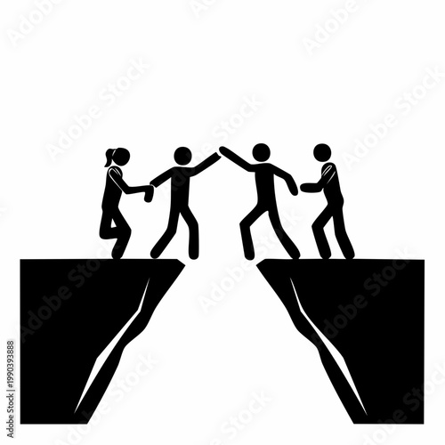 Bridge of Unity: A stark illustration of figures joining hands to bridge a gap, symbolizing teamwork, collaboration, and overcoming obstacles, emphasizing unity and collective effort.