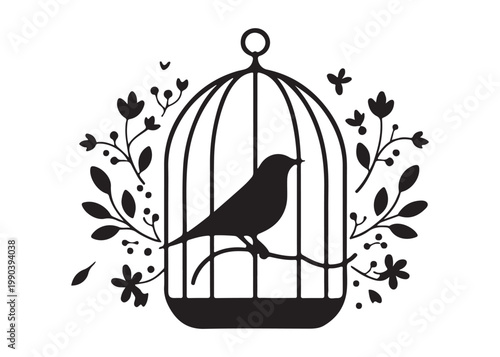 bird in a cage logo design silhouette vectors illustration, bird in a cage silhouette vector logo, silhouette birdcage vector logo, vintage black birdcage logo silhouettes vector on a white background