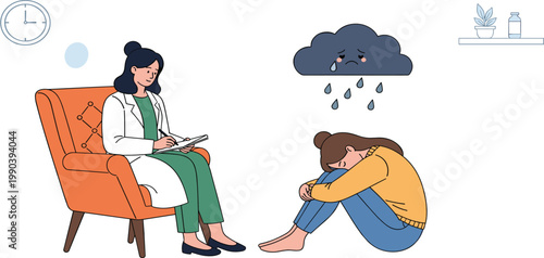 Mental health therapy session vector illustration featuring doctor counseling depressed patient under a rain cloud in a flat design style.