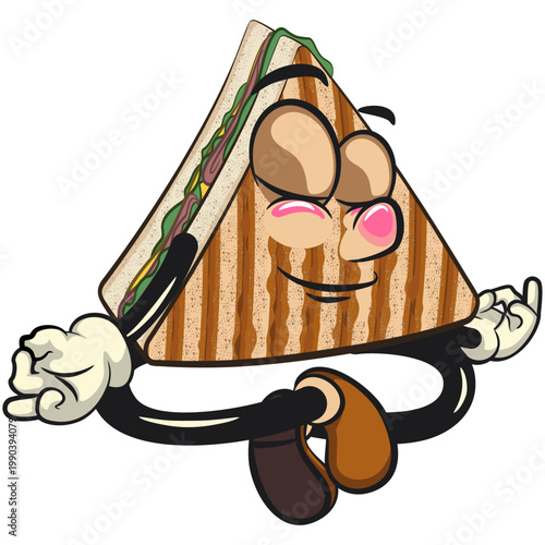 cute grilled sandwich mascot character meditating, smiling toast snack cartoon vector illustration isolated on transparent background, work of hand drawn