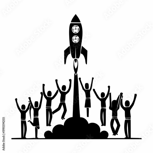 Launch to Success: A stylized silhouette captures a team's anticipation as a rocket blasts off, symbolizing ambition and the pursuit of new frontiers. 