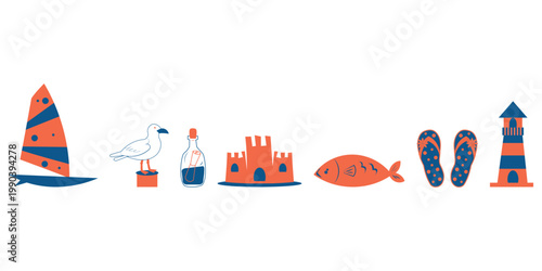 Summer beach vacation vector icon set. Nautical collection with sailboat, lighthouse, seagull, sandcastle and message in a bottle for travel and marine design.
