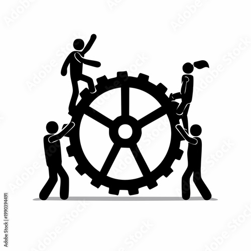 Teamwork Dynamics: Silhouette figures collaborate around a central gear, symbolizing unity and synchronized effort towards a common goal.