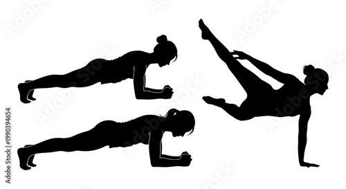 Demonstration of various yoga and fitness plank and bridge poses for core strengthening. Vector, illustration