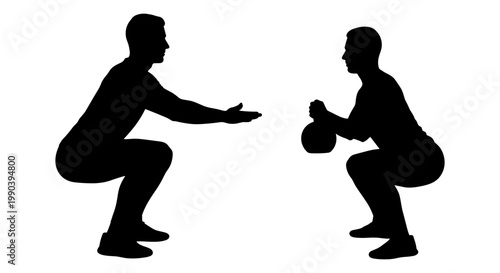 Two individuals demonstrating a passing technique in a squatting position during a sports activity Vector, illustration