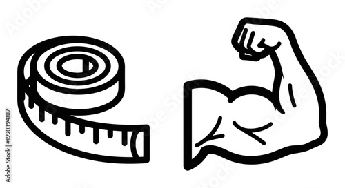 Strength and measurement symbolized by a tape measure and flexed arm Vector, illustration