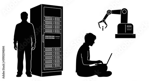 The intersection of human effort, automation, and digital innovation in modern workspaces Vector, illustration