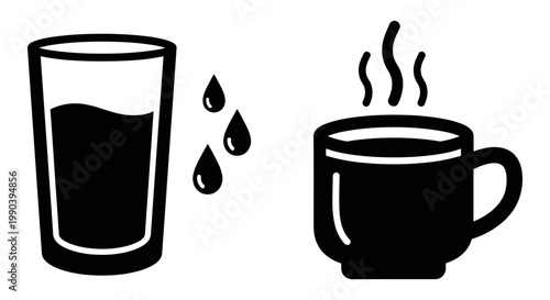 Comparison of a glass of cold beverage spilling and a steaming hot cup of coffee Vector, illustration