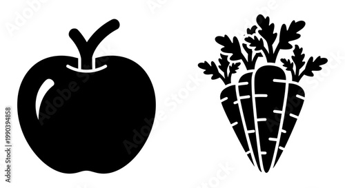 Black apple and bunch of carrots illustration with green tops Vector, illustration