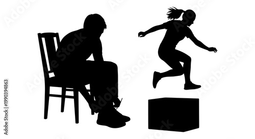 Contrast of solitude and energetic movement captured in silhouette art Vector, illustration
