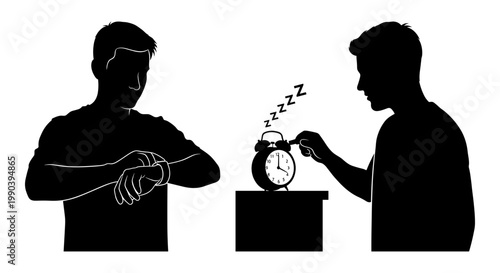 Two men exchanging an alarm clock with a zzz sound effect between them Vector, illustration