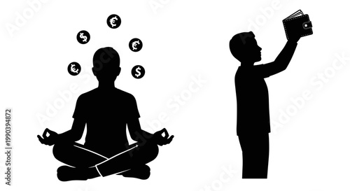 A person meditating while another offers digital symbols, representing modern mindfulness and technology integration Vector, illustration