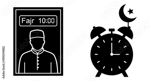 Person and alarm clock depicting fajr prayer time with crescent moon icon Vector, illustration