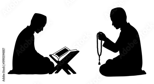 Two individuals engaged in traditional islamic practices of reading and sewing. Vector, illustration