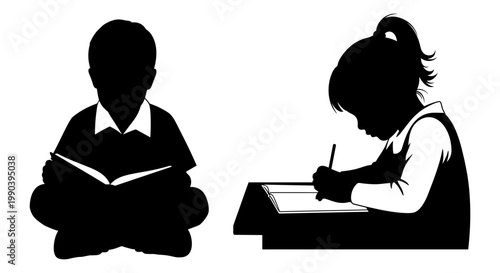 Two students engaged in quiet study and writing activities in a classroom setting Vector, illustration